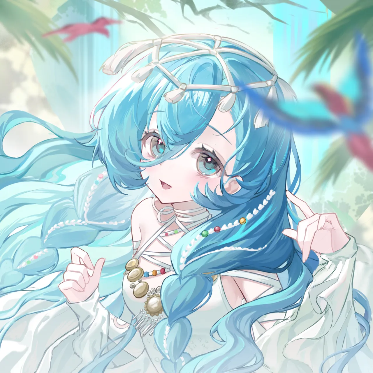 1girl bare_shoulders blue_eyes blue_hair blurry blurry_background blurry_foreground cape detached_sleeves hair_between_eyes hair_ornament hand_up long_hair looking_at_viewer official_alternate_costume one_piece_swimsuit plant simple_bird smile solo swimsuit upper_body very_long_hair water waterfall white_cape white_one_piece_swimsuit white_sleeves yanyanzi_yo reverse_1999 37__reverse_1999