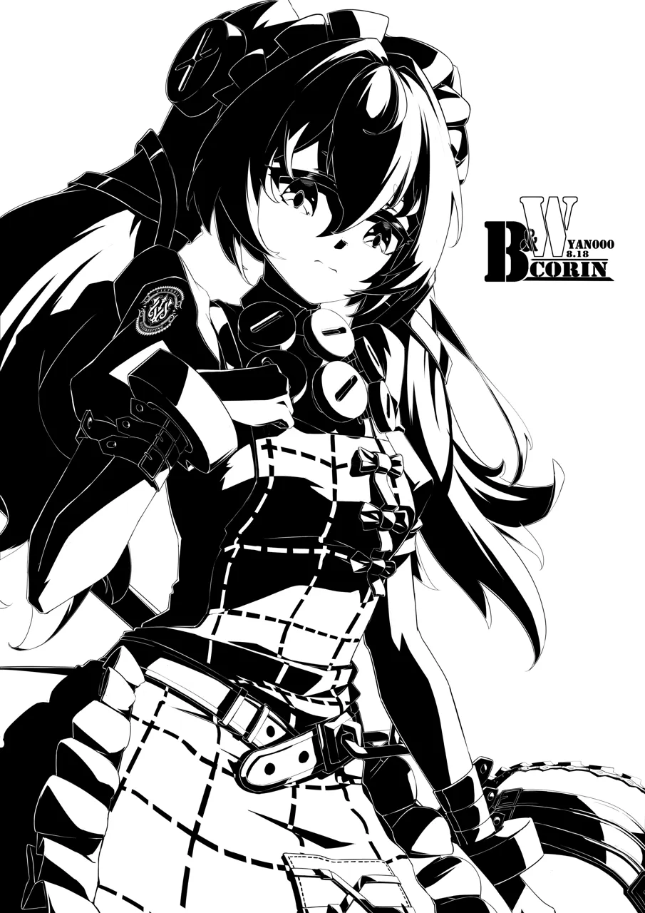 1girl apron artist_name breasts character_name closed_mouth dated dress greyscale hand_up holding holding_weapon long_hair looking_at_viewer maid maid_headdress monochrome object_through_head patch screw screw_in_head shoulder_patch small_breasts solo upper_body weapon white_background wrist_guards yan__unicorn404 zenless_zone_zero corin_wickes