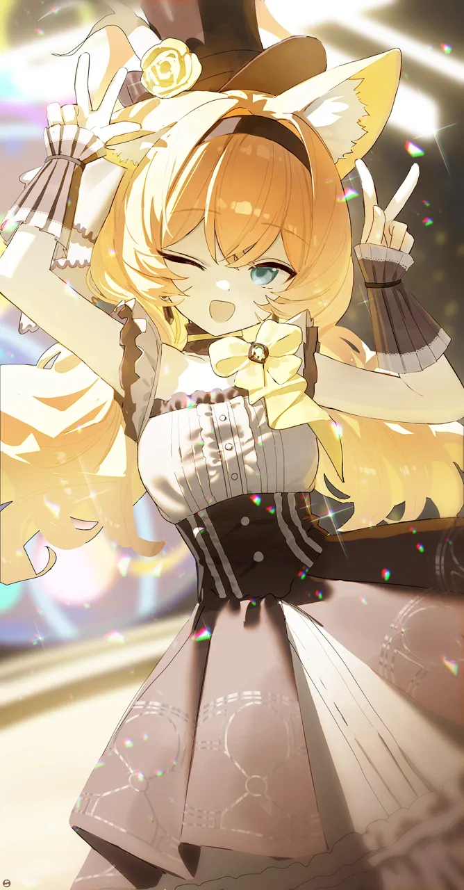 1girl arm_up black_overskirt blue_eyes double_w dress flower grey_dress hair_intakes halo hands_up hat hat_flower idol_clothes light_particles long_hair looking_at_viewer low_twintails mini_hat mini_top_hat official_alternate_costume official_alternate_hairstyle one_eye_closed open_mouth orange_hair rose smile solo top_hat twintails wrist_wrap yellow_flower yellow_halo yellow_rose songchuan_li blue_archive mari__blue_archive mari__idol__blue_archive