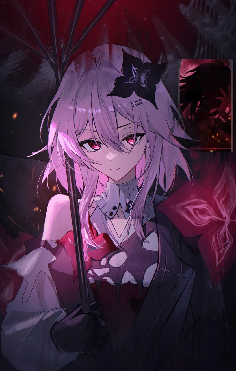 1girl black_flower black_gloves black_jacket breasts closed_mouth flower gloves hair_between_eyes hair_flower hair_ornament holding holding_umbrella jacket long_hair looking_at_viewer pink_eyes pink_hair single_bare_shoulder small_breasts smile solo umbrella upper_body sasa__sasa_ekakiman honkai__star_rail honkai__series evernight__honkai__star_rail march_7th__honkai__star_rail