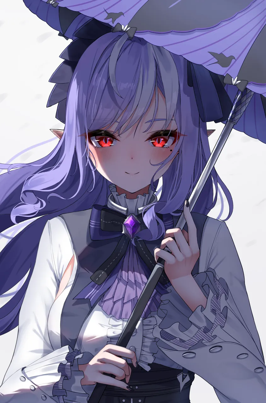 1girl ascot black_hairband black_nails bow bowtie center_frills closed_mouth frills gem hairband holding holding_umbrella long_hair looking_at_viewer mole mole_under_eye multicolored_hair parasol pointy_ears purple_ascot purple_bow purple_bowtie purple_gemstone purple_hair purple_umbrella red_eyes shirt shrug__clothing sleeveless sleeveless_shirt smile solo straight_on streaked_hair umbrella upper_body white_hair white_shrug enoha zenless_zone_zero vivian__zenless_zone_zero