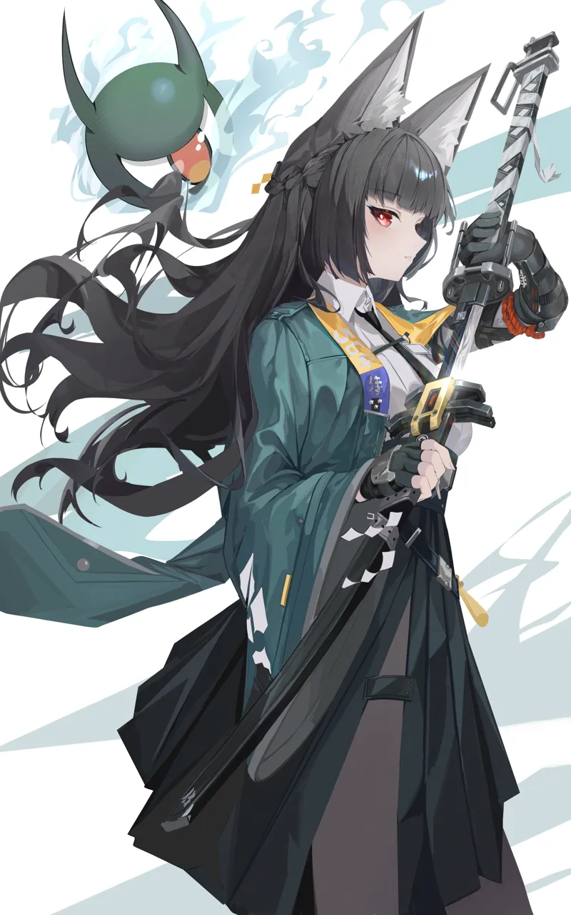 1girl animal_ear_fluff animal_ears black_gloves black_hair black_necktie black_pantyhose black_skirt blunt_bangs breasts cowboy_shot dress_shirt fingerless_gloves fox_ears fox_girl from_side gloves green_jacket high_waist_skirt holding holding_sword holding_weapon jacket katana light_blush long_hair looking_at_viewer medium_breasts necktie pantyhose parted_lips red_eyes shirt sidelocks single_fingerless_glove skirt solo sword weapon white_shirt nn11 zenless_zone_zero hoshimi_miyabi__zenless_zone_zero tailless__zenless_zone_zero