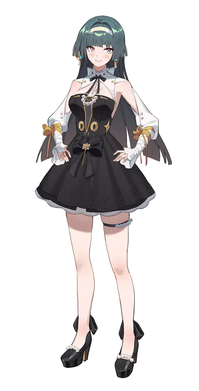 1girl armpits black_dress black_hair black_shoes breasts detached_sleeves dress earrings full_body grin hairband hands_on_own_hips high_heels jewelry long_hair long_sleeves looking_at_viewer medium_breasts official_alternate_costume pink_eyes shoes simple_background sleeveless sleeveless_dress smile solo standing thigh_strap thighs white_background niji__rudduf232 zenless_zone_zero astra_yao__zenless_zone_zero astra_yao__chandelier__zenless_zone_zero