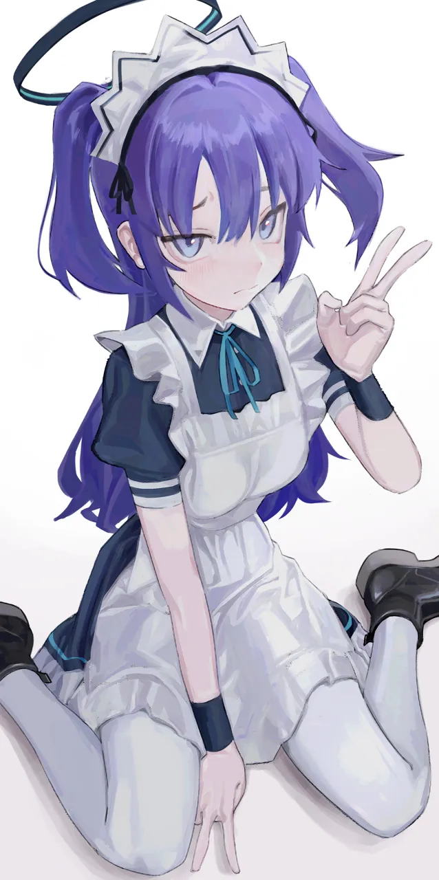 1girl alternate_costume apron black_dress black_shoes blue_eyes blush breasts closed_mouth dress enmaided hair_between_eyes halo long_hair looking_at_viewer maid maid_headdress mechanical_halo pantyhose puffy_short_sleeves puffy_sleeves purple_hair shoes short_sleeves simple_background sitting solo two_side_up wariza white_apron white_background white_pantyhose saaal653 blue_archive yuuka__blue_archive