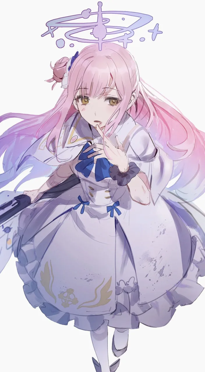 1girl blue_bow blue_bowtie bow bowtie breasts brown_eyes bruise capelet dirty dirty_clothes dress grey_background gun hair_bun hair_ornament hair_scrunchie halo hand_up holding holding_gun holding_weapon injury long_hair medium_breasts open_mouth pantyhose pink_hair scrunchie sidelocks simple_background solo walking weapon white_dress white_pantyhose wrist_scrunchie flatshi blue_archive mika__blue_archive