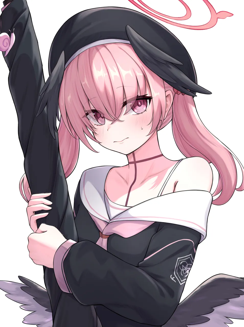 1girl black_choker black_wings choker collarbone feathered_wings gun hair_between_eyes halo hat head_wings holding holding_gun holding_weapon long_hair long_sleeves looking_at_viewer pink_eyes pink_hair rifle school_hat school_uniform serafuku sidelocks simple_background solo twintails weapon white_background wings cocoablue23 blue_archive koharu__blue_archive