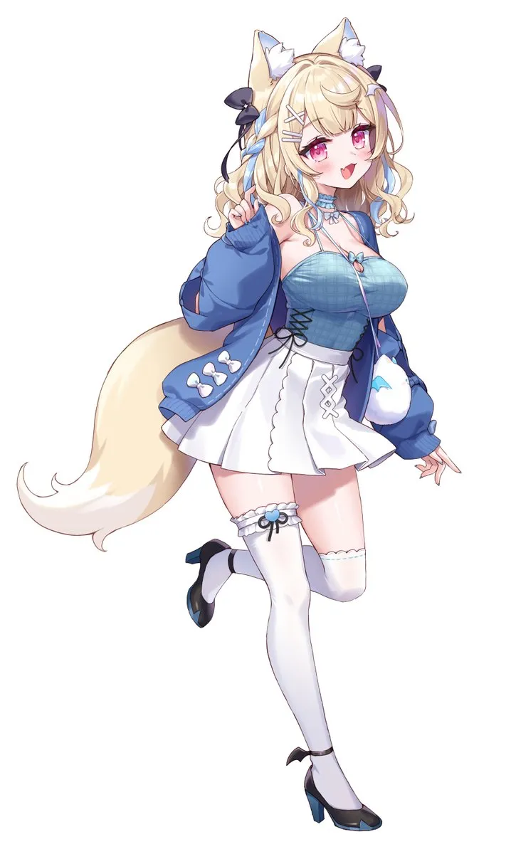1girl animal_ear_fluff animal_ears asymmetrical_legwear black_shoes blonde_hair blue_hair blue_jacket breasts cleavage dog_ears dog_girl dog_tail fang frilled_thigh_strap full_body high_heels jacket long_hair long_sleeves looking_at_viewer multicolored_hair official_alternate_costume official_alternate_hairstyle open_clothes open_jacket open_mouth pink_eyes shoes simple_background skirt smile solo standing standing_on_one_leg streaked_hair tail thigh_strap thighhighs uneven_legwear virtual_youtuber white_background white_skirt white_thighhighs moorina hololive hololive_english fuwawa_abyssgard fuwawa_abyssgard__casual