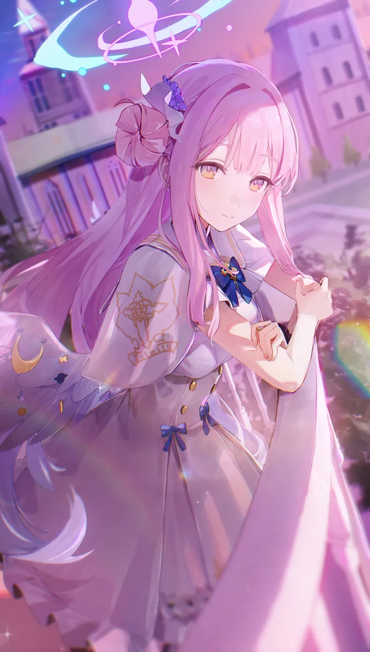 1girl blue_bow blue_bowtie blue_ribbon blurry blurry_background bow bowtie breasts cape crossed_arms dress feathered_wings flower hair_between_eyes hair_bun hair_flower hair_ornament hair_scrunchie hand_on_railing large_breasts long_hair looking_at_viewer outdoors pink_hair ribbon sailor_collar scrunchie sidelocks smile white_cape white_dress white_sailor_collar wings yellow_eyes flatshi blue_archive mika__blue_archive