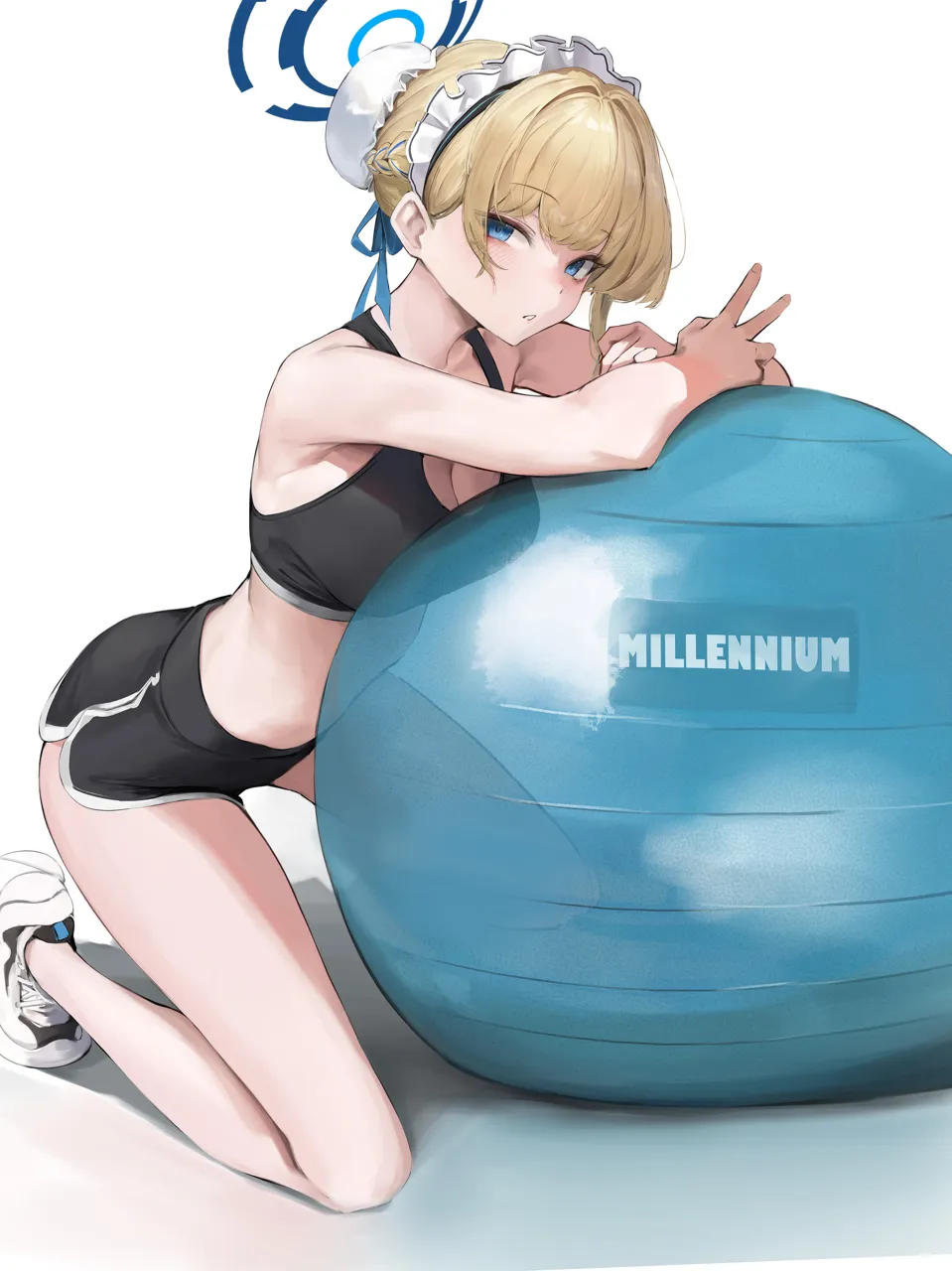 1girl alternate_costume ball bare_arms bare_shoulders black_shorts black_sports_bra blonde_hair blue_archive blue_eyes blue_halo blush breasts bun_cover cleavage dolphin_shorts exercise_ball hair_ornament halo large_breasts leviathan__hikinito0902 maid_headdress parted_lips shorts simple_background solo sports_bra thighs toki__blue_archive white_background