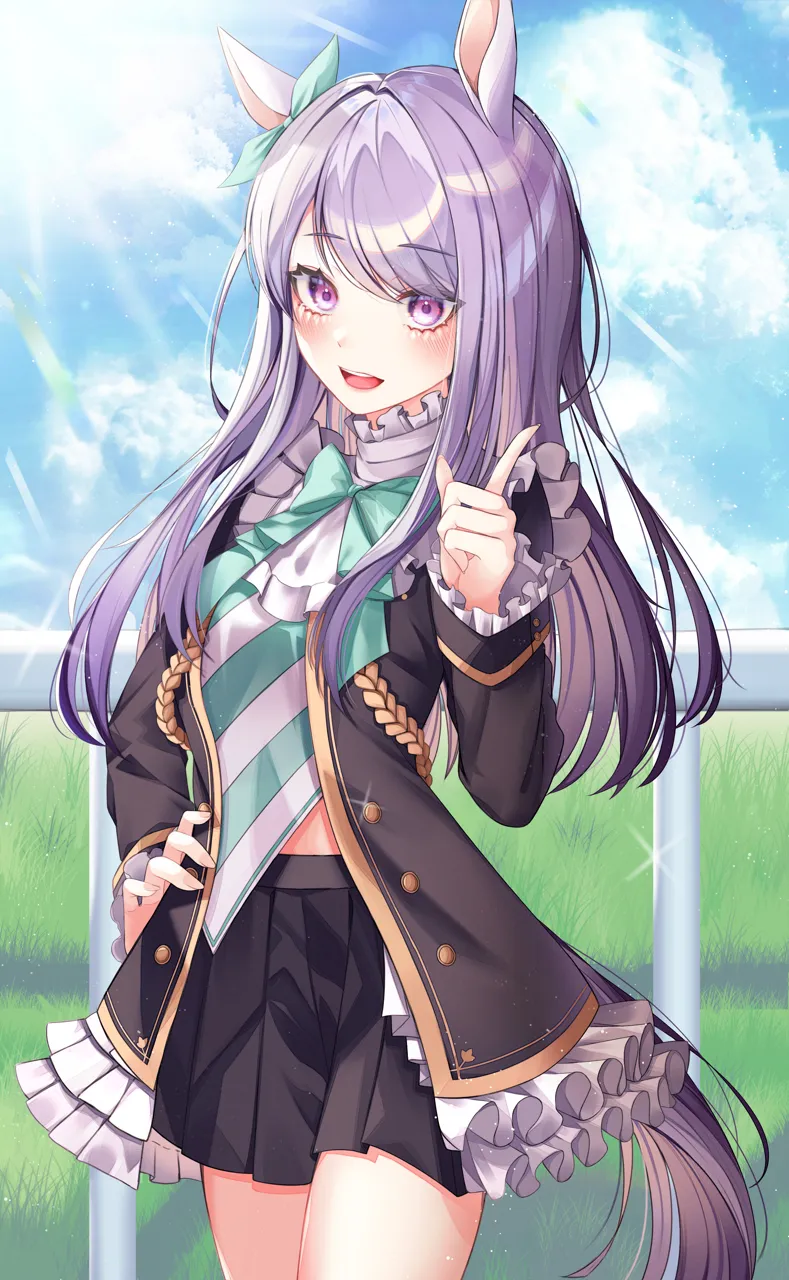 1girl animal_ears black_skirt blue_sky bow bowtie cloud day ear_ribbon green_bow green_bowtie green_ribbon hand_on_own_hip horse_ears horse_girl horse_tail index_finger_raised long_hair long_sleeves looking_at_viewer open_mouth outdoors pink_eyes purple_hair ribbon skirt sky solo tail thighs uniform doongdang umamusume mejiro_mcqueen__umamusume