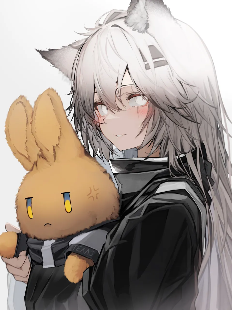 1girl anger_vein animal_ear_fluff animal_ears black_jacket blush closed_mouth gradient_background grey_background hair_between_eyes hair_ornament hugging_doll hugging_object jacket long_hair long_sleeves looking_at_viewer parted_lips scar scar_across_eye scar_on_face smile upper_body white_eyes white_hair tab_head arknights lappland__arknights