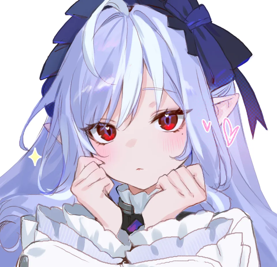 1girl ahoge blush bow long_hair looking_at_viewer mole mole_under_eye pointy_ears purple_bow purple_hair red_eyes simple_background solo white_background adelie_cat zenless_zone_zero vivian__zenless_zone_zero