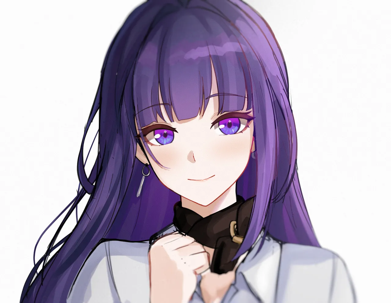 1girl black_ribbon closed_mouth earrings hand_up jewelry long_hair looking_at_viewer neck_ribbon portrait purple_eyes purple_hair ribbon shirt simple_background smile solo white_background white_shirt mini2chainz honkai__series honkai_impact_3rd raiden_mei__honkai__series raiden_mei__apho__honkai__series