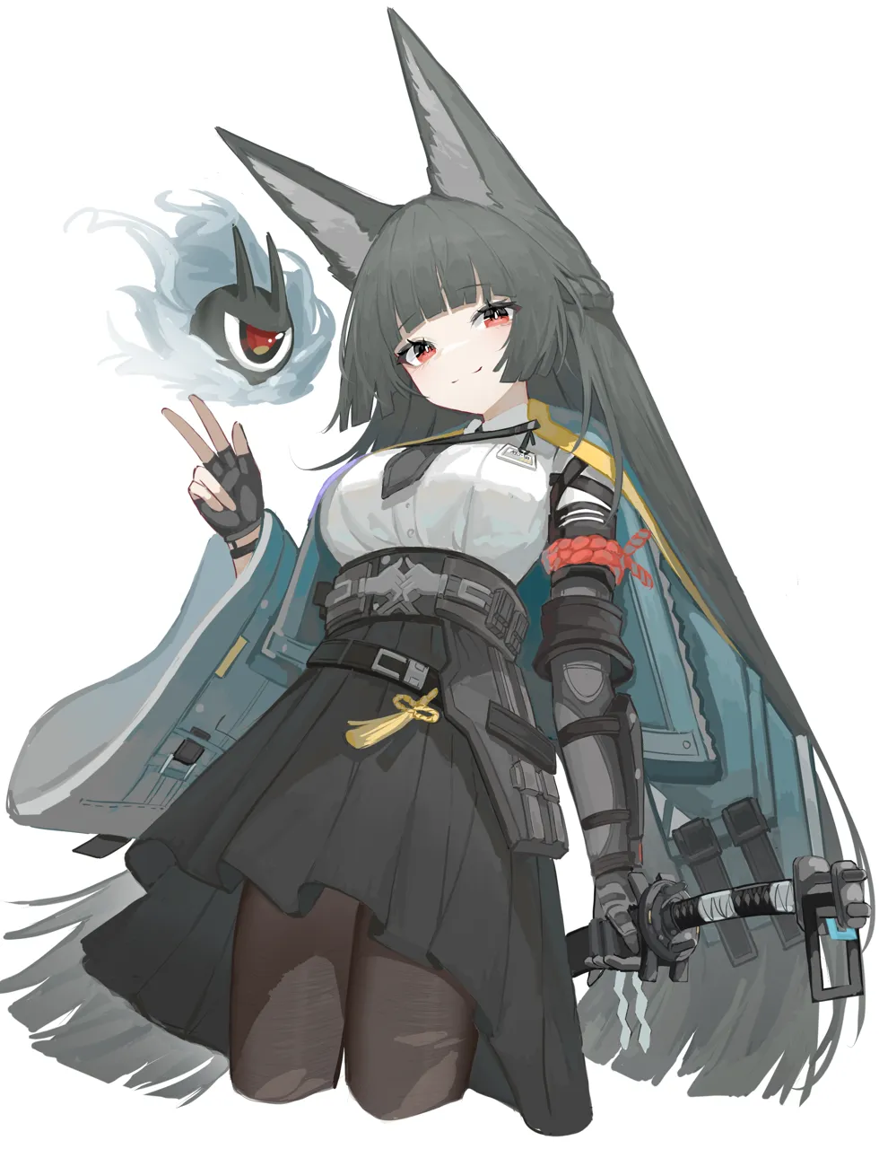 1girl animal_ears arm_at_side black_hair black_necktie black_pantyhose black_skirt blunt_bangs blunt_ends braid breasts closed_mouth cropped_legs fingerless_gloves fox_ears fox_girl from_below gauntlets gloves green_jacket half_up_braid high_waist_skirt hime_cut holding holding_sheath jacket jacket_on_shoulders katana large_breasts large_ears long_hair long_sleeves looking_down necktie pantyhose red_eyes rope sheath sheathed shimenawa shirt sidelocks simple_background single_fingerless_glove single_gauntlet skirt smile solo split_mouth sword tassel underbust very_long_hair weapon white_background white_shirt wide_sleeves yan_z zenless_zone_zero hoshimi_miyabi__zenless_zone_zero tailless__zenless_zone_zero