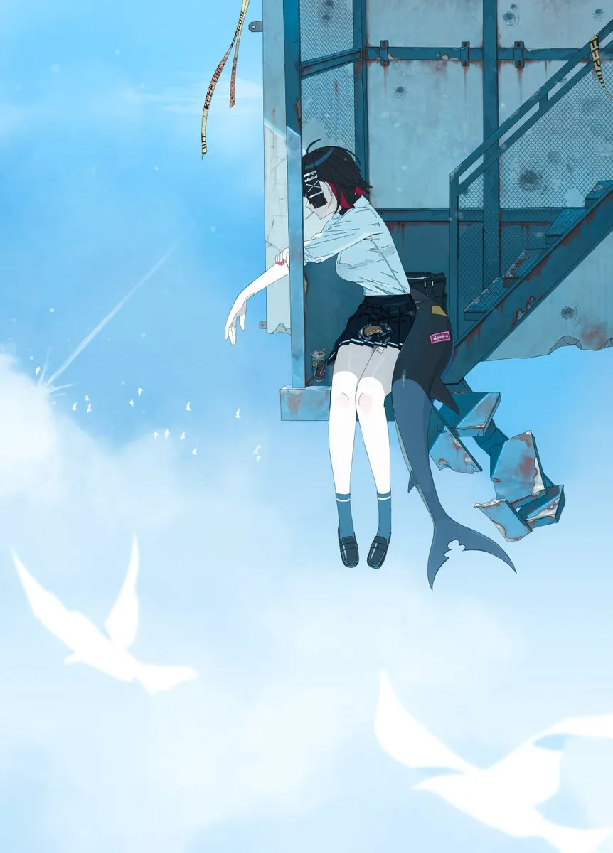 1girl bird black_choker black_hair black_shoes black_skirt blue_socks breasts choker cloud colored_inner_hair fins fish_tail food_in_mouth medium_breasts multicolored_hair on_stairs red_hair red_nails shark_girl shark_tail shirt shoes short_hair sitting sitting_on_stairs skirt socks solo stairs tail white_shirt midfinger zenless_zone_zero ellen_joe ellen_joe__on_campus