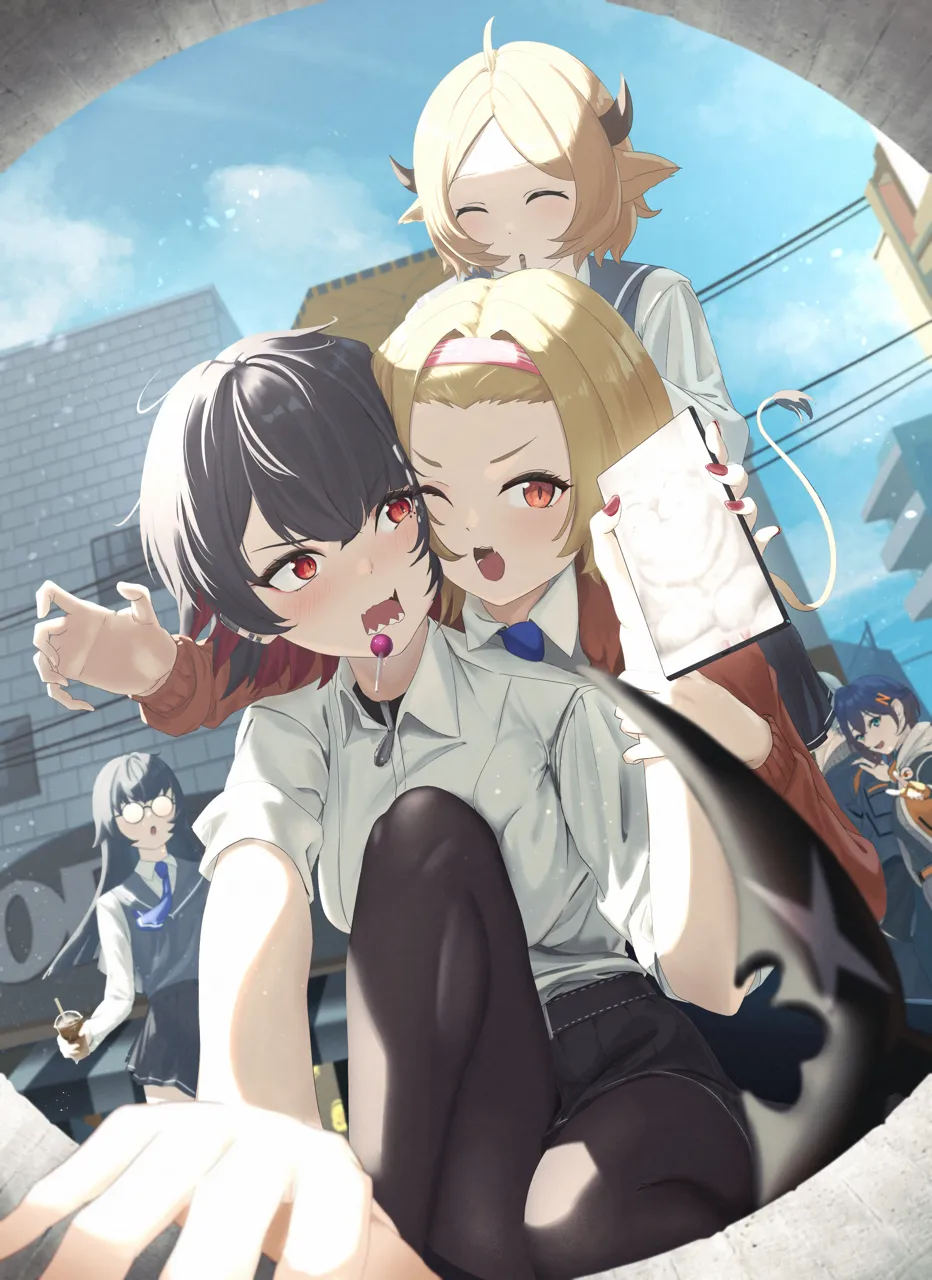 1boy 5girls ahoge belt black_belt black_collar black_hair black_pantyhose black_skirt blonde_hair blue_hair blue_necktie blue_skirt candy cardigan cellphone collar collared_shirt colored_inner_hair cow_girl cow_horns cow_tail cup disposable_cup drinking_straw fins fish_tail food foreshortening green_eyes grey_hair hair_intakes hair_ornament hairband hairclip holding holding_phone horns lollipop looking_at_another mole mole_under_eye multicolored_hair multiple_girls nail_polish necktie orange_eyes pantyhose parted_bangs phone pink_hair pleated_skirt red_cardigan red_eyes red_nails school_uniform shark_girl shark_tail sharp_teeth shirt short_sleeves skirt sleeves_rolled_up slit_pupils smartphone solo_focus sweater_vest tail teeth white_shirt rakuraku_dou zenless_zone_zero belle__zenless_zone_zero ellen_joe__zenless_zone_zero ellen_joe__on_campus__zenless_zone_zero lynn__zenless_zone_zero monna__zenless_zone_zero ruby__zenless_zone_zero wise__zenless_zone_zero