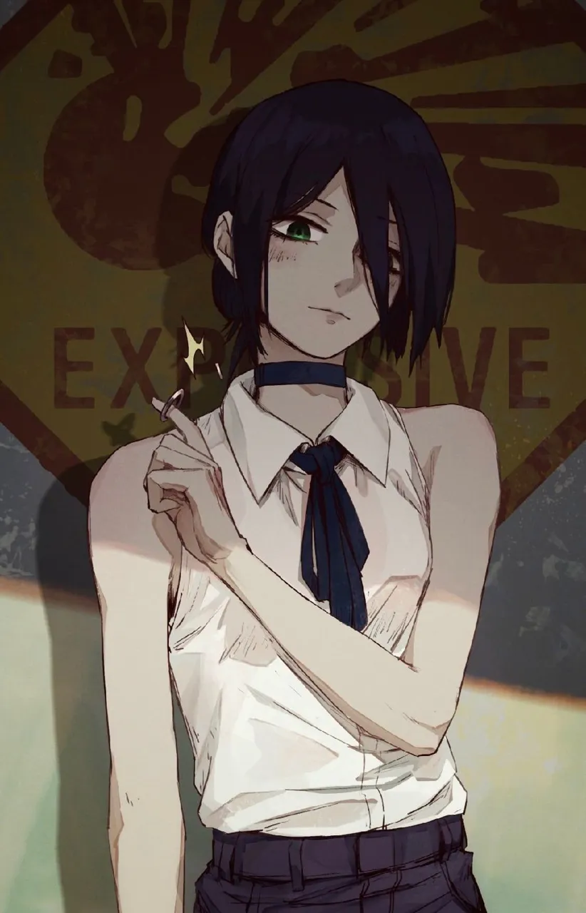 1girl bare_shoulders black_choker black_hair black_ribbon choker collared_shirt green_eyes looking_at_viewer medium_hair ribbon shirt sleeveless sleeveless_shirt solo white_shirt chainsaw_man reze__chainsaw_man