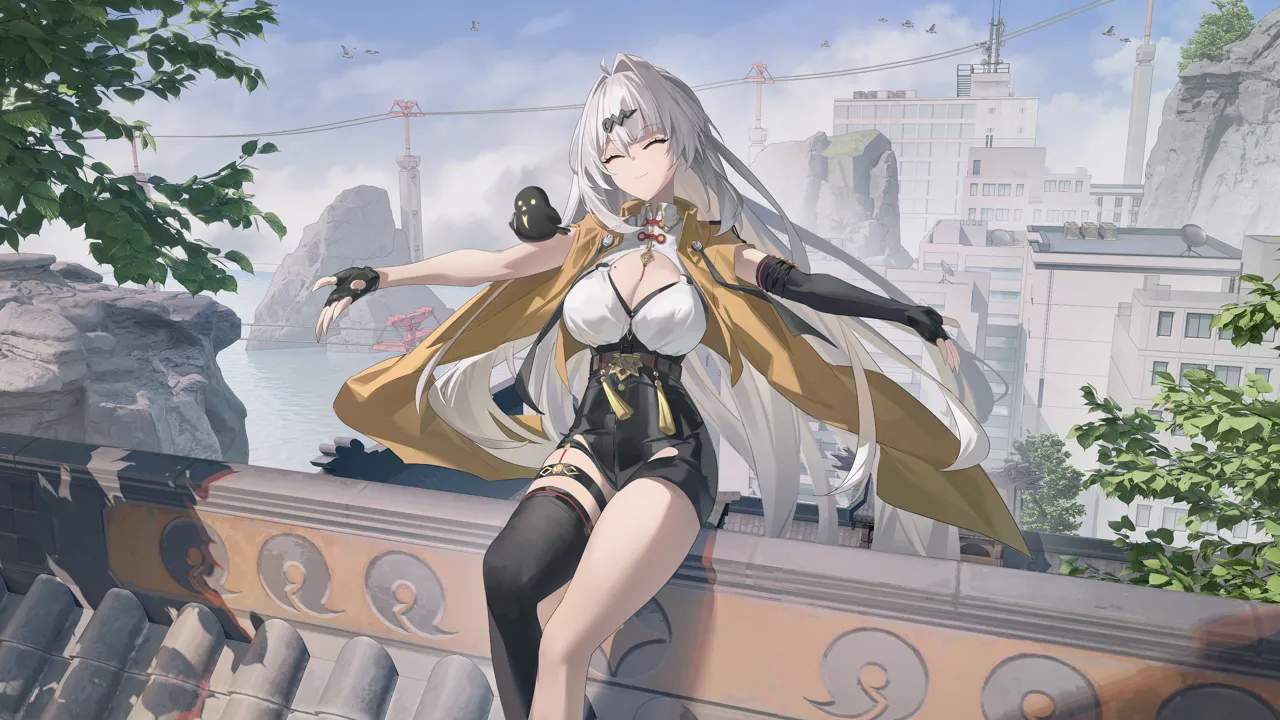 1girl against_railing ahoge asymmetrical_gloves bird black_bird black_gloves black_shorts black_thighhighs breasts cleavage closed_eyes collar elbow_gloves facing_viewer feet_out_of_frame fingerless_gloves gloves grey_hair hair_ornament high_waist_shorts jacket large_breasts long_hair outstretched_arms railing shirt shorts single_bare_leg single_elbow_glove single_hair_intake single_thighhigh smile solo thighhighs uneven_gloves very_long_hair white_collar white_shirt yellow_jacket angel_no_shousou zenless_zone_zero yixuan__zenless_zone_zero