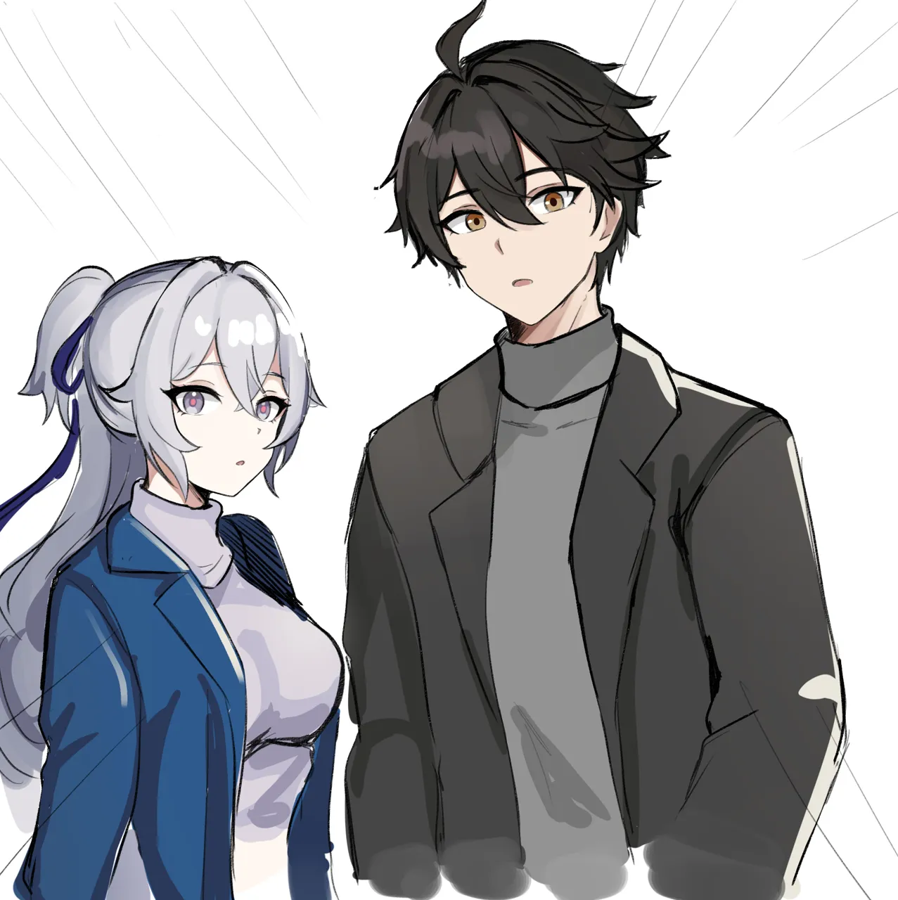 1boy 1girl black_hair black_jacket blue_jacket breasts brown_eyes emphasis_lines grey_eyes grey_hair grey_shirt hair_between_eyes jacket long_hair looking_at_viewer medium_breasts official_alternate_costume open_clothes open_jacket parted_lips ponytail shirt simple_background very_long_hair white_background white_shirt mini2chainz honkai__series honkai_impact_3rd adam__honkai_impact bronya_zaychik__honkai__series bronya_zaychik__silverwing__n_ex__honkai__series