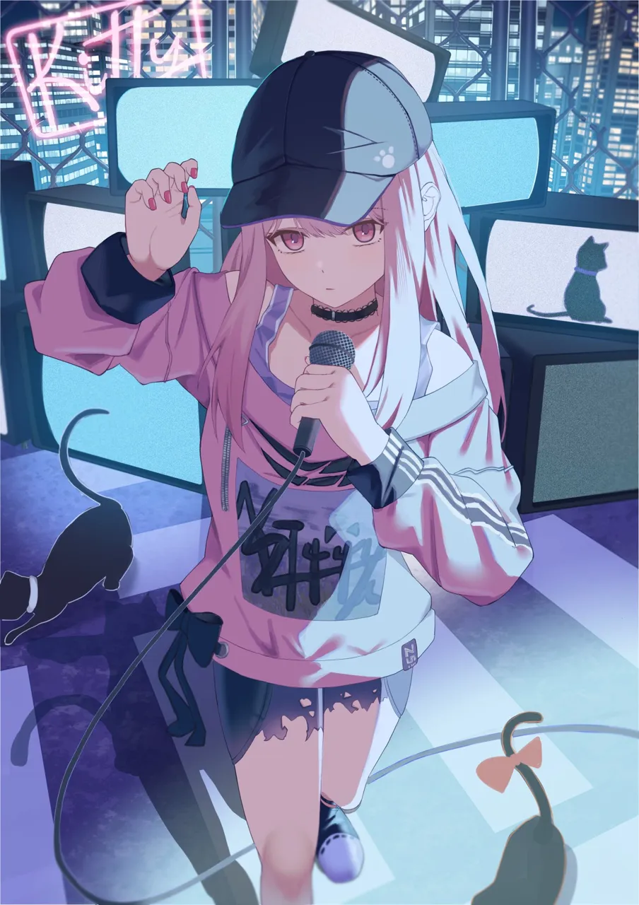 1other baseball_cap black_cat black_choker black_hat black_shoes bokutachi_no_seizon_tousou__project_sekai cat choker converse crt english_text hair_down hat holding holding_microphone long_hair looking_at_viewer microphone nail_polish neon_lights official_alternate_costume official_alternate_hairstyle other_focus pink_eyes pink_hair pink_nails pink_shirt shirt shoes sidelocks solo standing television maria_onnette kitty__vocaloid project_sekai akiyama_mizuki__project_sekai