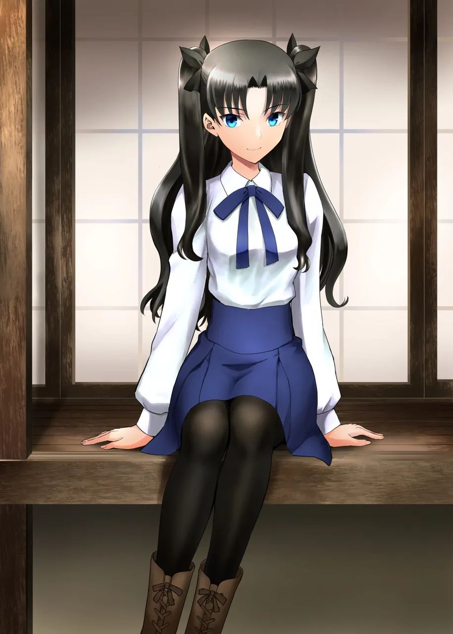 1girl alternate_costume black_hair black_pantyhose black_ribbon blue_eyes cosplay hair_ribbon long_hair looking_at_viewer pantyhose ribbon saber__fate__cosplay sitting skirt solo twintails shirotsumekusa fate_stay_night fate__series artoria_pendragon__fate saber__fate tohsaka_rin