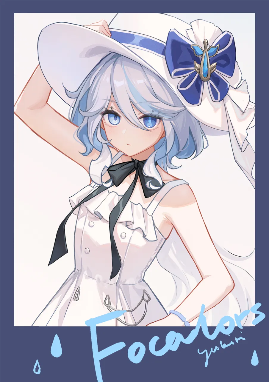 1girl alternate_costume bare_arms bare_shoulders bow character_name closed_mouth dress eyelash_ornament frills hat heterochromia looking_at_viewer sleeveless sleeveless_dress solo top_hat white_dress white_hat yukiri__l_ii genshin_impact furina__genshin_impact