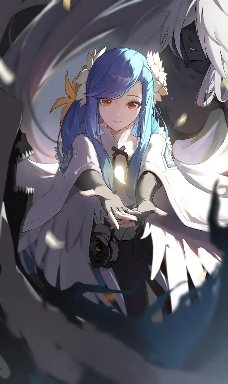 1girl angel_wings black_gloves blue_hair braid braided_ponytail breasts crop_top dress elbow_gloves feathers fingerless_gloves flower gloves hair_flower hair_ornament long_hair looking_at_viewer mature_female official_alternate_costume official_alternate_hairstyle outstretched_arms red_eyes ribbon sidelocks solo swept_bangs white_flower wide_sleeves wings yellow_flower jiang_zhuti_jiojio guilty_gear guilty_gear_strive dizzy__guilty_gear necro__guilty_gear queen_dizzy undine__guilty_gear