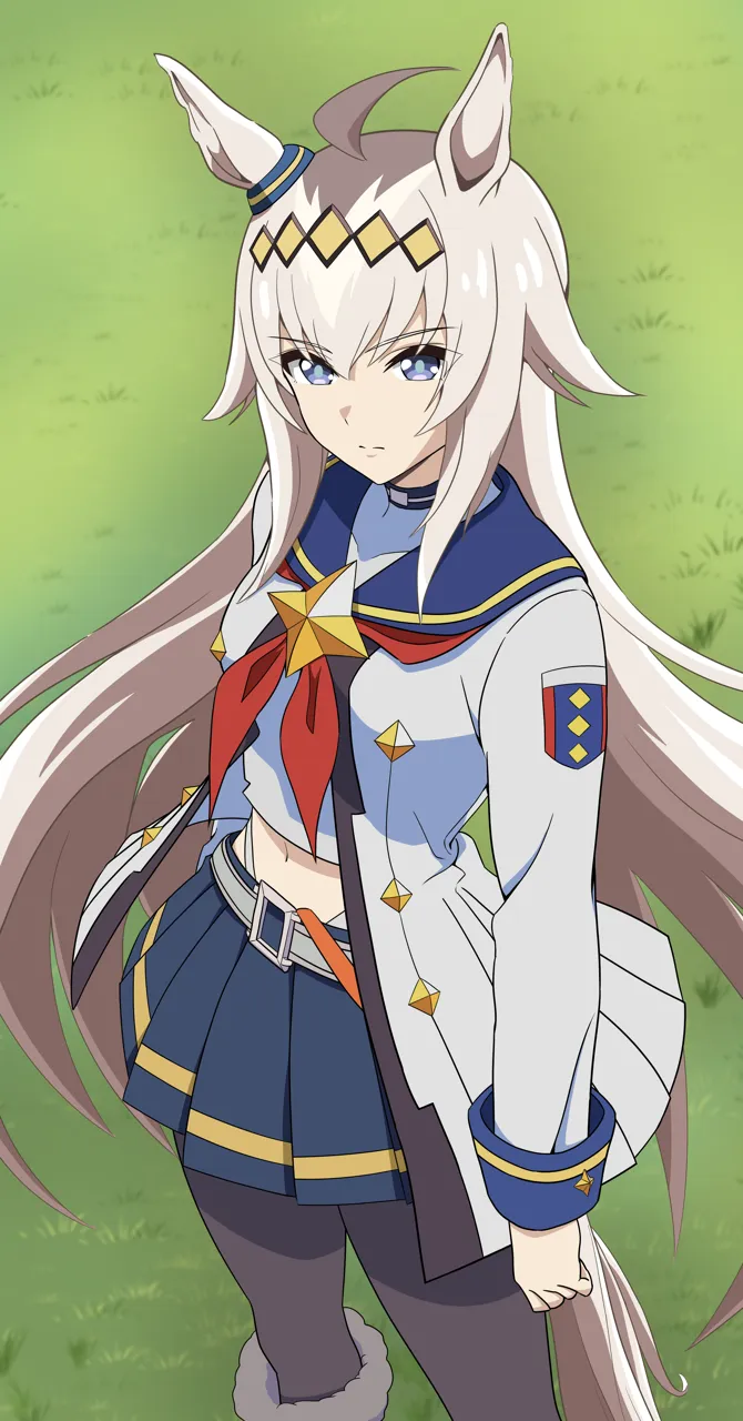 1girl ahoge animal_ears black_pantyhose blue_eyes blue_skirt blush breasts buttons choker closed_mouth ear_ornament grass grey_hair hair_between_eyes hair_ornament horse_ears horse_girl horse_tail long_hair long_sleeves looking_at_viewer medium_breasts midriff multicolored_hair navel neckerchief outdoors pantyhose pleated_skirt red_neckerchief sailor_collar shirt skirt solo standing streaked_hair tail tail_through_clothes very_long_hair white_shirt kiyosuke__kiyosuke023 umamusume umamusume__cinderella_gray oguri_cap__umamusume