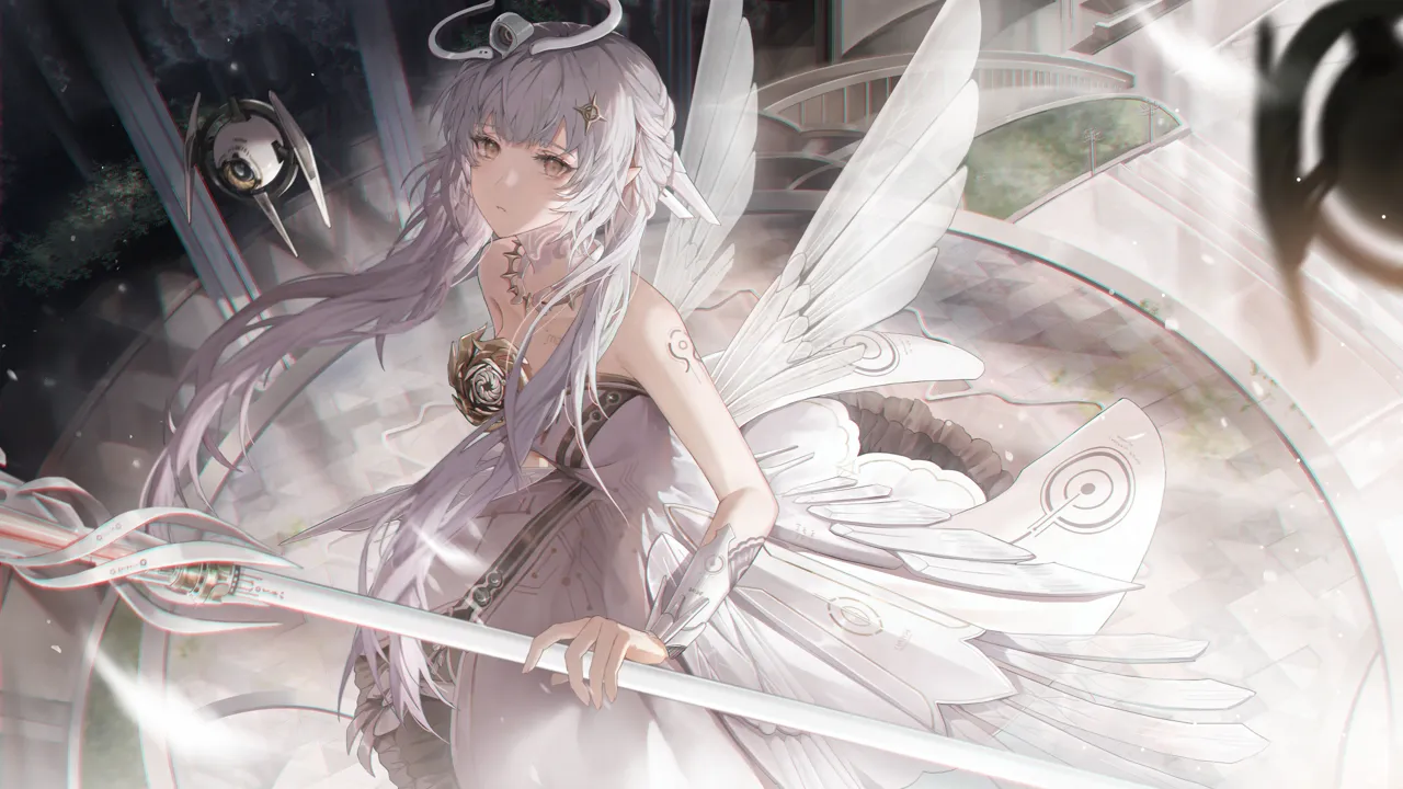 1girl accessories bare_shoulders blurry blurry_background breasts brown_eyes detached_sleeves dress drone garden hair_ornament halo holding holding_staff jewelry long_hair looking_at_viewer mecha_musume mechanical_halo mechanical_wings necklace pillar robot small_breasts staff stairs tattoo tree very_long_hair white_dress white_hair white_wings wings mada__shizhou punishing__gray_raven liv__empyrea__wings_of_dawn__pgr liv__pgr