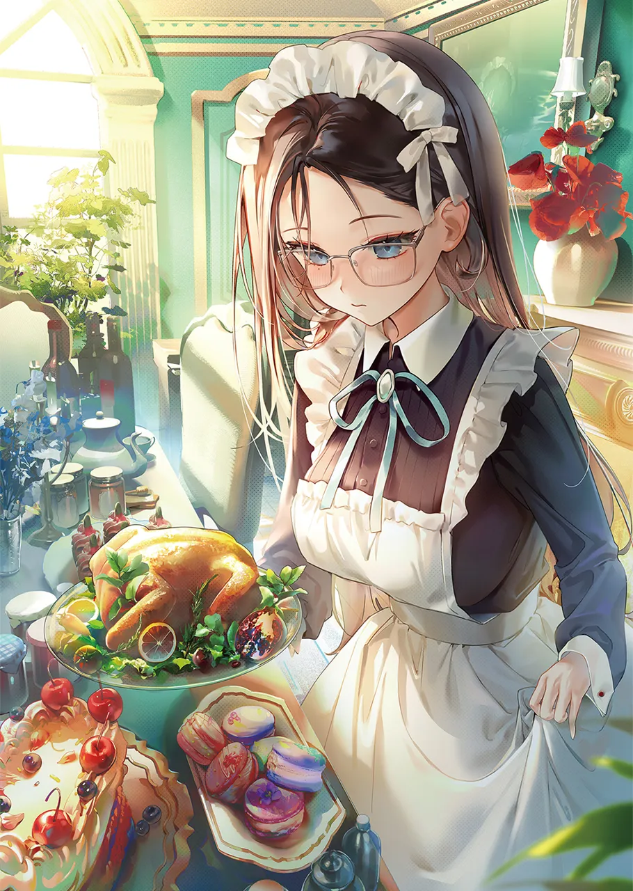 1girl apron black_dress black_hair blue_bow blue_eyes blush bow breasts cake chair chicken__food dining_room dress flower food glasses holding holding_tray indoors large_breasts long_hair long_sleeves looking_down macaron maid maid_headdress solo tray white_apron myoushun