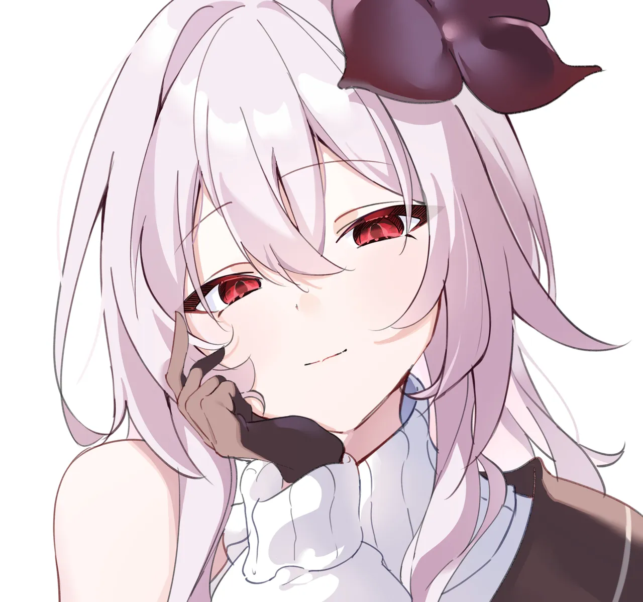 1girl black_gloves gloves hair_ornament long_hair looking_at_viewer pink_hair portrait red_eyes simple_background single_bare_shoulder smile solo white_background comorebi honkai__star_rail honkai__series evernight__honkai__star_rail march_7th__honkai__star_rail