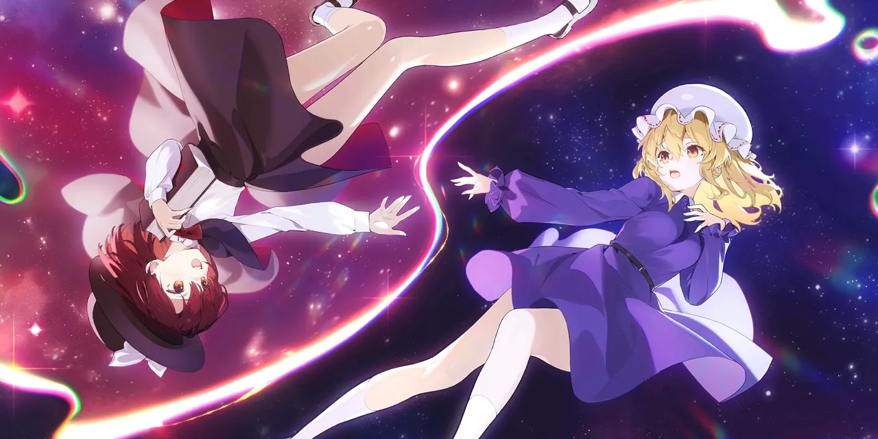 2girls belt black_capelet black_hat black_skirt blonde_hair book bow breasts brown_eyes brown_hair capelet dress fedora hat hat_bow holding holding_book long_hair long_sleeves mob_cap multiple_girls open_mouth purple_dress reaching reaching_towards_another shirt shoes skirt socks split_theme star__sky upside_down white_bow white_shirt white_socks yellow_eyes siino touhou touhou_lostword maribel_hearn__touhou usami_renko__touhou