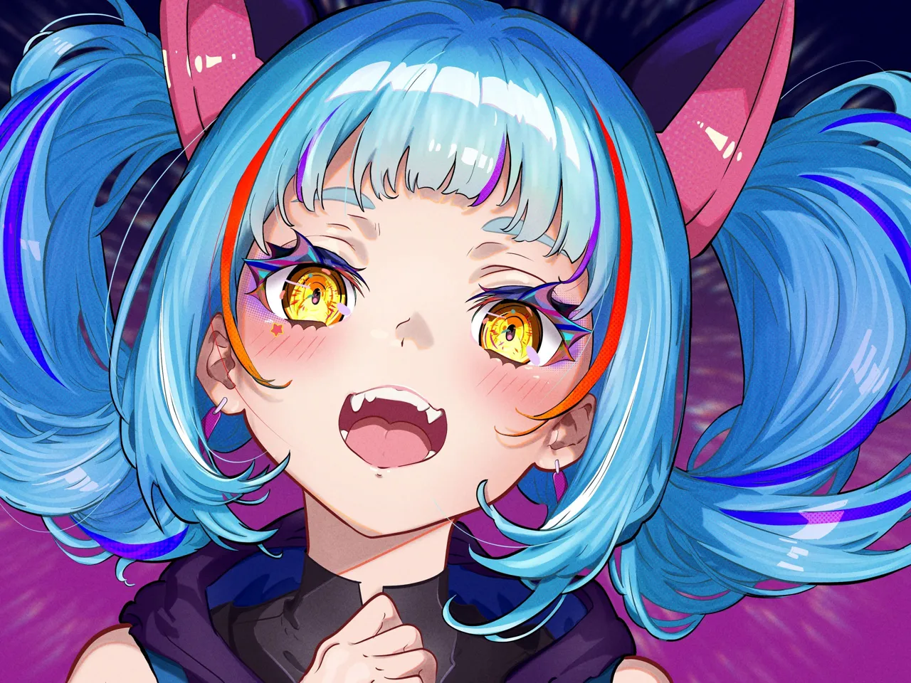 1girl bangs blue_hair blush earrings eyebrows_visible_through_hair fangs jewelry looking_at_viewer multicolored_hair open_mouth pink_background purple_background red_hair sailor_collar solo teeth twintails yellow_eyes