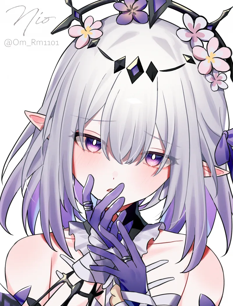 1girl bare_shoulders bright_pupils colored_inner_hair flower gloves hair_flower hair_ornament hair_ribbon hands_up light_blush looking_at_viewer medium_hair multicolored_hair parted_lips pink_flower pointy_ears portrait purple_eyes purple_gloves purple_hair purple_ribbon ribbon signature simple_background solo white_background white_hair white_pupils om_rm1101 honkai__star_rail honkai__series castorice__honkai__star_rail