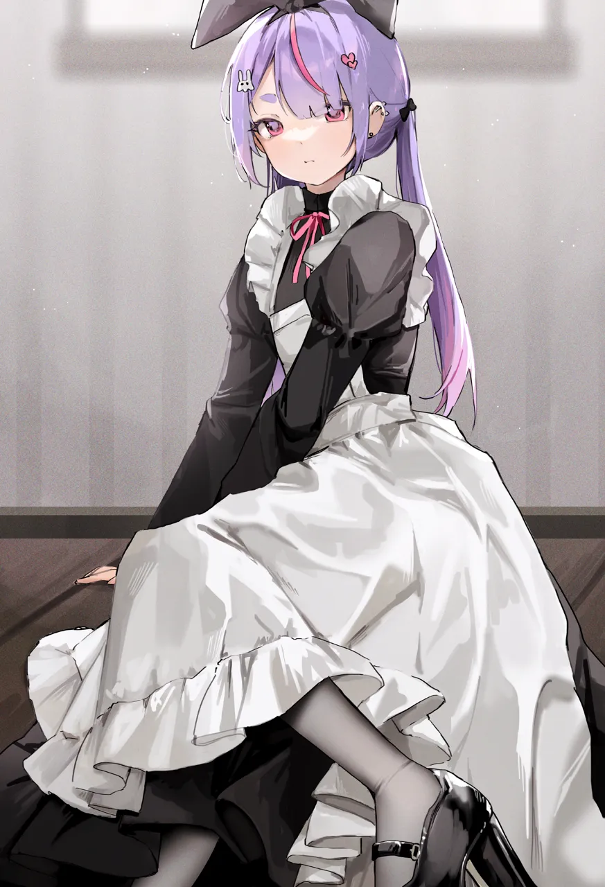 1girl apron arm_support black_bow black_dress black_hairband black_shoes blue_background bow bow_hairband closed_mouth dress ear_piercing earrings eyes_visible_through_hair foot_out_of_frame frilled_apron frills grey_pantyhose hair_bow hair_ornament hairband heart heart_hair_ornament high_heels indoors jewelry juliet_sleeves long_dress long_hair long_sleeves looking_at_viewer maid maid_apron multicolored_hair neck_ribbon pantyhose piercing pink_eyes pink_hair pink_ribbon puffy_sleeves purple_hair ribbon shoes single_hair_streak sitting solo streaked_hair stud_earrings thick_eyebrows twintails two_tone_hair virtual_youtuber white_apron window wooden_floor yokozuwari nakony cattleya_regina_games vspo tosaki_mimi__vspo