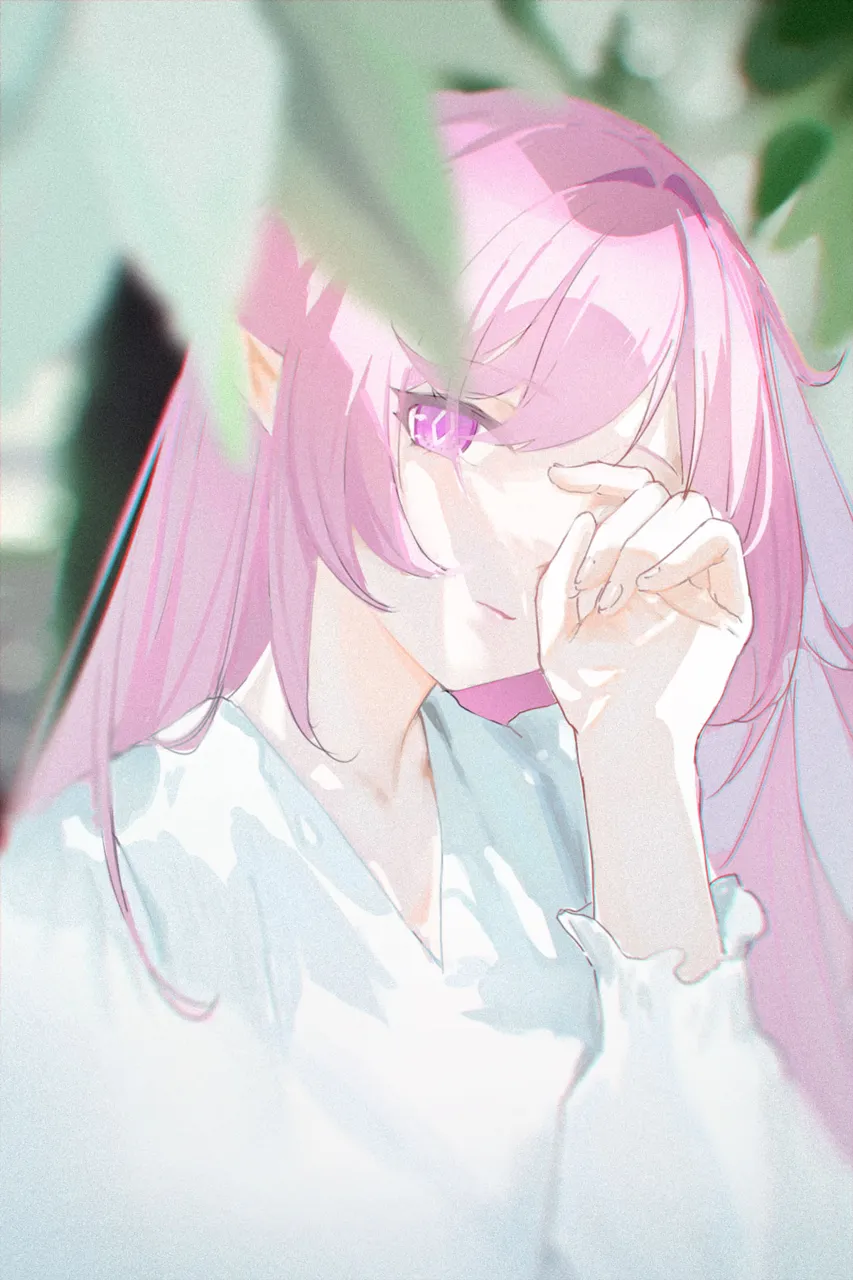 1girl alternate_costume closed_mouth diamond_shaped_pupils diamond__shape elf leaf long_hair pink_hair pointy_ears purple_eyes rubbing_eyes shirt solo symbol_shaped_pupils upper_body very_long_hair white_shirt yukiri__l_ii honkai__series honkai_impact_3rd elysia__herrscher_of_human__ego__honkai_impact elysia__honkai_impact