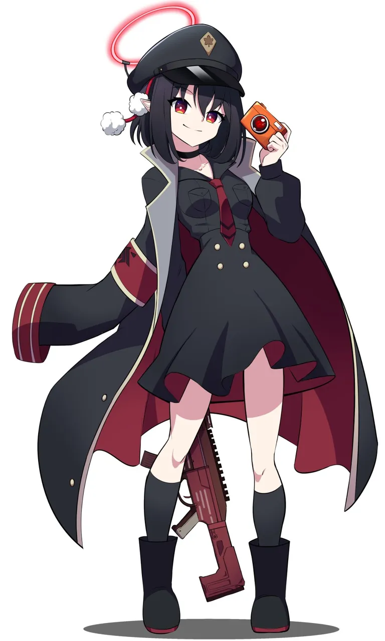 1girl black_choker black_coat black_hair boots camera chiaki__blue_archive__cosplay choker coat coat_on_shoulders cosplay digital_camera full_body gun halo hat holding holding_camera long_hair long_sleeves looking_at_viewer necktie peaked_cap pointy_ears red_eyes red_halo red_necktie rifle school_uniform short_hair simple_background smile solo trait_connection weapon white_background bmkro blue_archive touhou chiaki__blue_archive shameimaru_aya__touhou