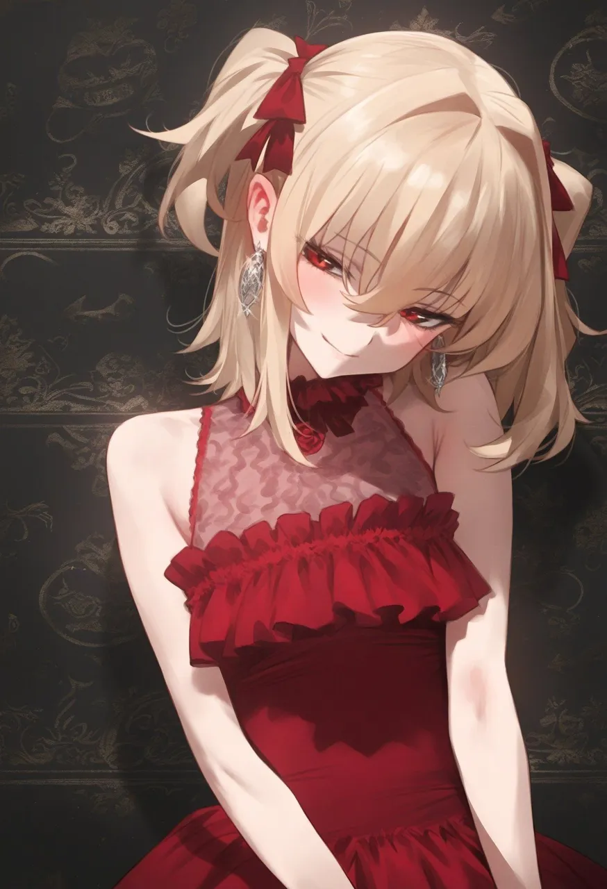 1girl bangs bare_shoulders blonde_hair blush bow closed_mouth cross_earrings dress ear_piercing earrings eyebrows_visible_through_hair flower_earrings hair_between_eyes hair_bow heart_earrings jewelry looking_at_viewer male_focus otoko_no_ko red_bow red_dress red_eyes red_flower red_ribbon red_rose rose sleeveless sleeveless_dress smile solo twintails lycoris_recoil chisato_nishikigi__lycoris_recoil