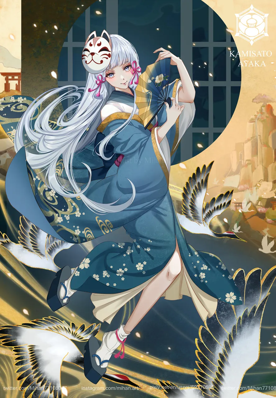 1girl alternate_costume animal_print arms_up bird bird_print blue_kimono blunt_bangs character_name cherry_blossom_print crane_print egasumi eyelashes floral_print folding_fan fox_mask full_body grey_hair hand_fan heron holding holding_fan japanese_clothes kimono lips long_hair long_sleeves looking_at_viewer mask mask_on_head multiple_torii obi pink_nails ponytail print_kimono ryoubu_torii sandals sash sidelocks smile socks solo torii white_socks wide_sleeves mihan__mihan_art genshin_impact kamisato_ayaka__genshin_impact