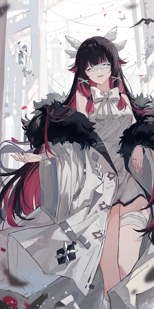 2girls bandaged_leg bandages bare_shoulders black_hair bow bowtie breasts closed_eyes coat dress eye_mask facing_viewer fatui_coat fur_trimmed_coat fur_trim hair_ribbon head_wings long_hair looking_at_viewer medium_breasts multicolored_hair multiple_girls open_mouth oversized_clothes petals red_hair ribbon sleeveless sleeveless_dress smile solo_focus streaked_hair thighs two_tone_hair very_long_hair white_coat white_dress white_mask wide_sleeves wings yajuu genshin_impact columbina__genshin_impact sandrone__genshin_impact