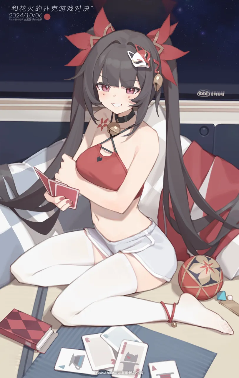 1girl arm_under_breasts astral_express__honkai__star_rail bell black_choker black_hair blush breasts card choker criss_cross_halter dated dolphin_shorts fox_mask grin halterneck hand_on_own_arm holding holding_card long_hair looking_at_viewer mask mask_on_head medium_breasts nail_polish navel neck_bell playing_card red_nails red_shirt shirt shorts sitting smile stomach teeth thighhighs twintails white_shorts white_thighhighs yokozuwari bilibili_xiaolu honkai__star_rail honkai__series sparkle__honkai__star_rail