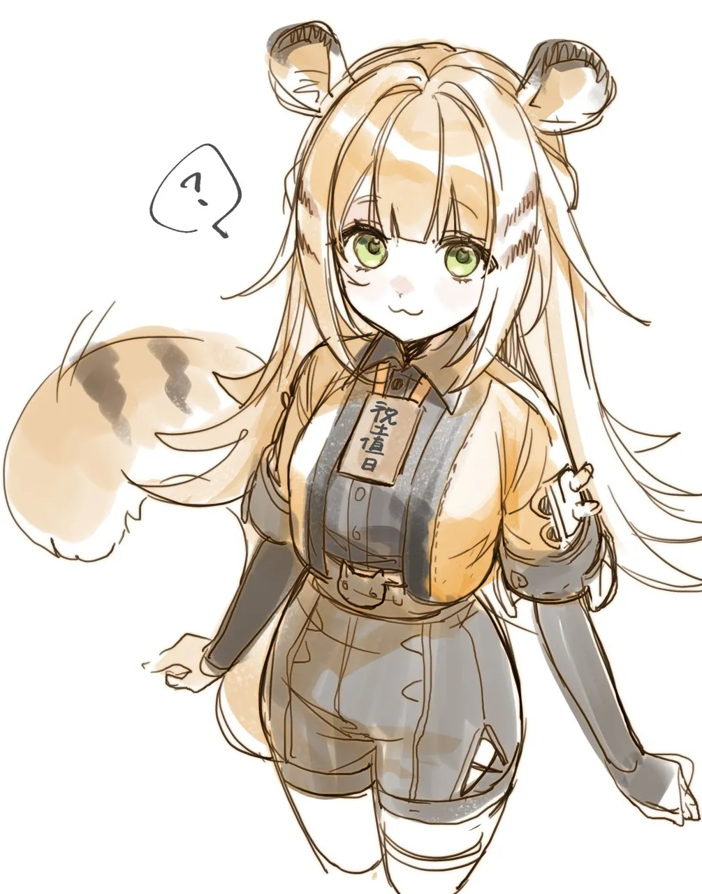 1girl animal_ears black_shirt black_shorts blonde_hair closed_mouth collared_shirt cowboy_shot green_eyes hair_intakes hip_vent jacket long_hair long_sleeves looking_at_viewer shirt shorts simple_background smile spoken_question_mark striped_hair tail tiger_ears tiger_girl tiger_tail white_background yellow_jacket smilesmile1312 zenless_zone_zero ju_fufu__zenless_zone_zero