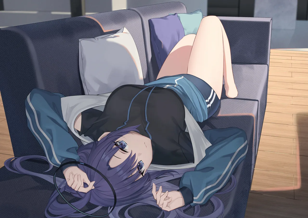 1girl arms_up black_shirt blue_buruma blue_eyes blue_jacket breasts buruma closed_mouth couch halo jacket large_breasts long_hair looking_at_viewer lying off_shoulder official_alternate_costume on_back on_couch open_clothes open_jacket purple_hair shirt short_sleeves solo thighs track_jacket upside_down angel_no_shousou blue_archive yuuka__blue_archive yuuka__track__blue_archive
