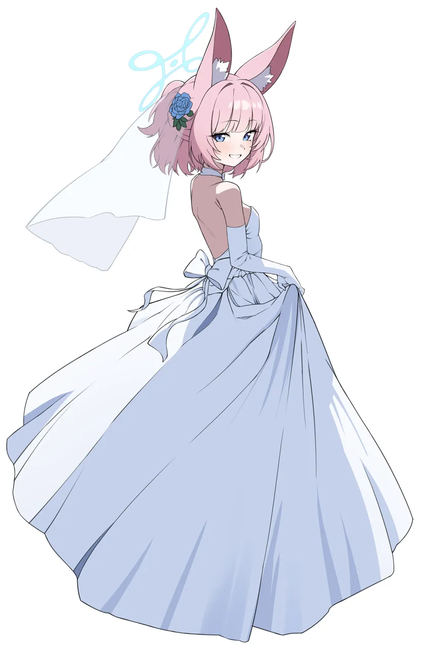 1girl animal_ear_fluff animal_ears breasts bridal_veil dress elbow_gloves fox_ears full_body gloves halo looking_at_viewer looking_to_the_side pink_hair short_hair simple_background skirt_hold small_breasts solo strapless strapless_dress veil wedding_dress white_background white_dress white_gloves 0haribo0 blue_archive niko__blue_archive