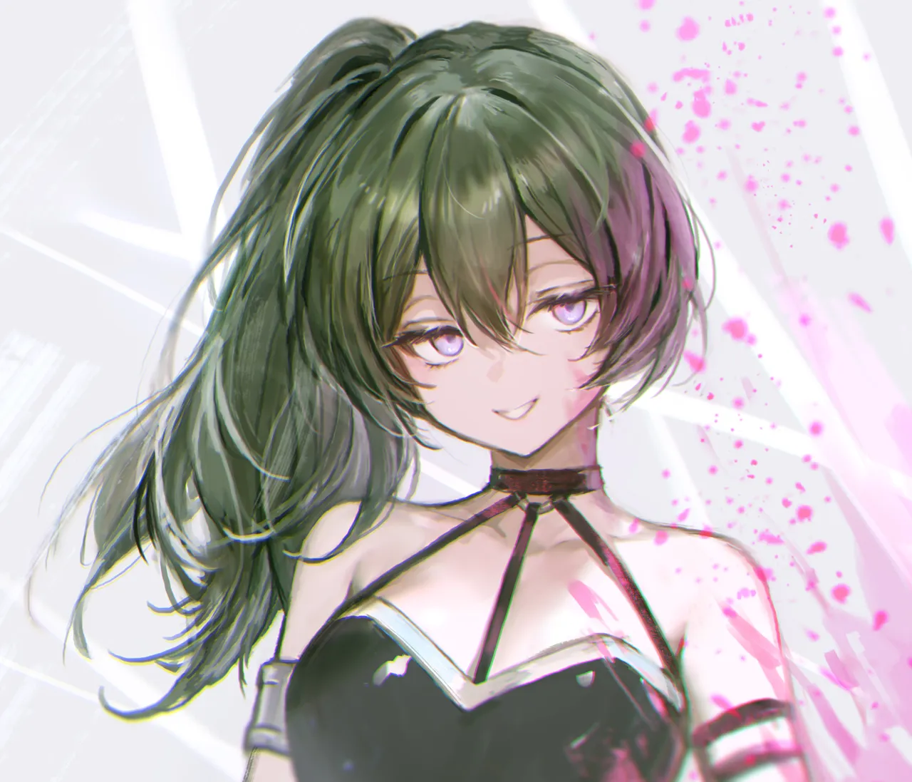 1girl bare_shoulders black_choker black_dress blood choker collarbone dress green_hair grin hair_between_eyes halter_dress halterneck long_hair looking_at_viewer o_ring open_mouth pink_blood portrait purple_eyes side_ponytail sidelocks simple_background sleeveless sleeveless_dress smile solo teeth white_background adelie_cat sousou_no_frieren ubel__sousou_no_frieren