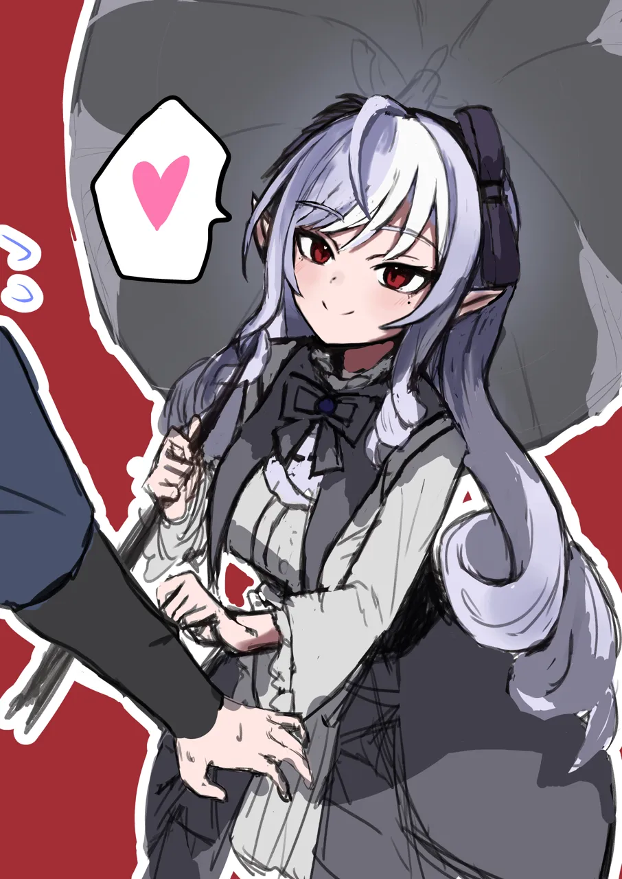 1boy 1girl black_dress blush dress flying_sweatdrops grabbing_another_s_arm hair_ribbon heart hetero holding holding_umbrella long_hair low_twintails nervous_sweating out_of_frame parasol purple_hair red_background red_eyes ribbon simple_background sketch smile solo_focus spoken_heart sweat twintails umbrella very_long_hair ashigarumaru zenless_zone_zero vivian__zenless_zone_zero wise__zenless_zone_zero