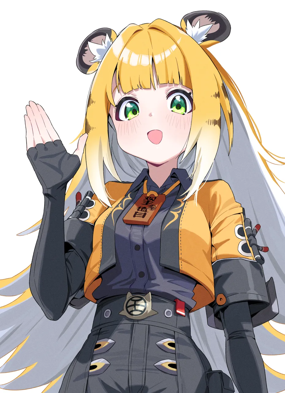 1girl animal_ear_fluff animal_ears black_gloves black_shorts blush breasts collared_shirt cropped_jacket dress_shirt elbow_gloves fingerless_gloves gloves green_eyes grey_shirt hair_intakes hand_up jacket long_hair medium_breasts multicolored_hair open_clothes open_jacket orange_hair orange_jacket shirt short_sleeves shorts simple_background smile solo tiger_ears two_tone_hair very_long_hair white_background white_hair tosyeo zenless_zone_zero ju_fufu__zenless_zone_zero