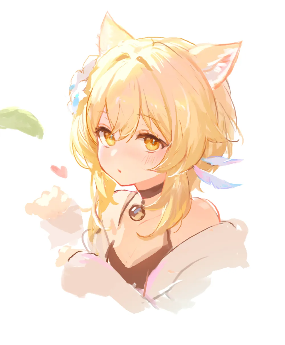 1girl alternate_costume animal_ears bare_shoulders bell black_choker black_tank_top blonde_hair blush breasts cat_ears choker coat feather_hair_ornament feathers flower hair_between_eyes hair_flower hair_ornament hand_up heart kemonomimi_mode long_sleeves looking_at_viewer medium_breasts neck_bell open_clothes open_coat open_mouth puffy_long_sleeves puffy_sleeves short_hair short_hair_with_long_locks sidelocks simple_background solo tank_top upper_body white_background white_coat white_flower yellow_eyes adelie_cat genshin_impact lumine__genshin_impact