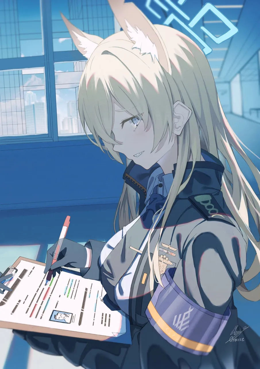 1girl animal_ears armband black_necktie blonde_hair blue_eyes blue_halo blurry building cameo clipboard depth_of_field dog_ears dog_girl extra_ears from_side hair_over_one_eye halo holding holding_clipboard holding_pen indoors long_hair long_sleeves looking_at_viewer looking_to_the_side necktie paper pen photo__object police police_uniform policewoman sharp_teeth sidelocks skyscraper solo teeth window writing maria_onnette blue_archive doodle_sensei__blue_archive kanna__blue_archive sensei__blue_archive