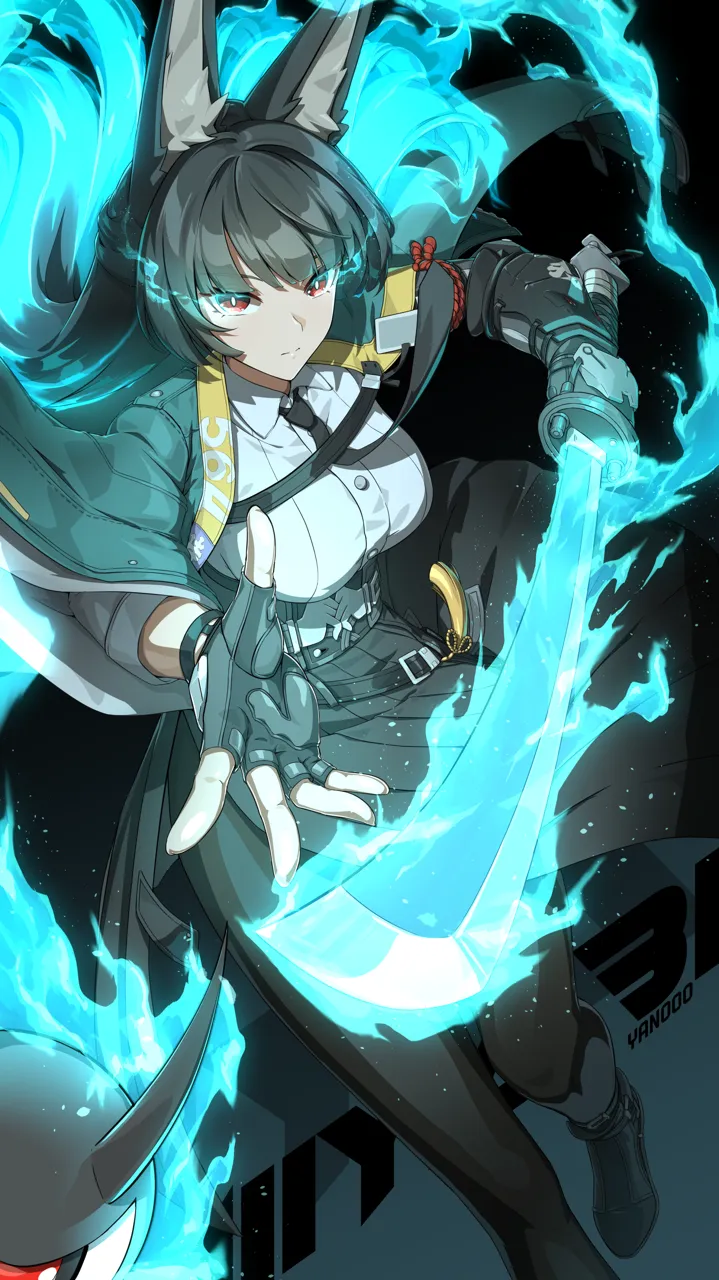 1girl animal_ears aqua_jacket artist_name black_gloves black_necktie black_pantyhose black_skirt breasts bright_pupils closed_mouth collared_shirt fox_ears fox_girl gauntlets gloves high_waist_skirt holding holding_sword holding_weapon id_card jacket katana large_breasts long_skirt looking_at_viewer necktie pantyhose red_eyes shirt single_gauntlet single_glove skirt sword weapon white_pupils white_shirt yan__unicorn404 zenless_zone_zero hoshimi_miyabi tailless__zenless_zone_zero